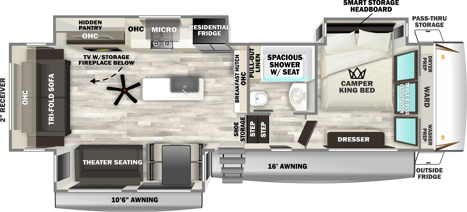 The Sabre 32GKS floorplan has one entry and three slide outs. Exterior features include: fiberglass exterior and 10'6" & 16' awning. Interiors features include: kitchen island, front bedroom and rear living.